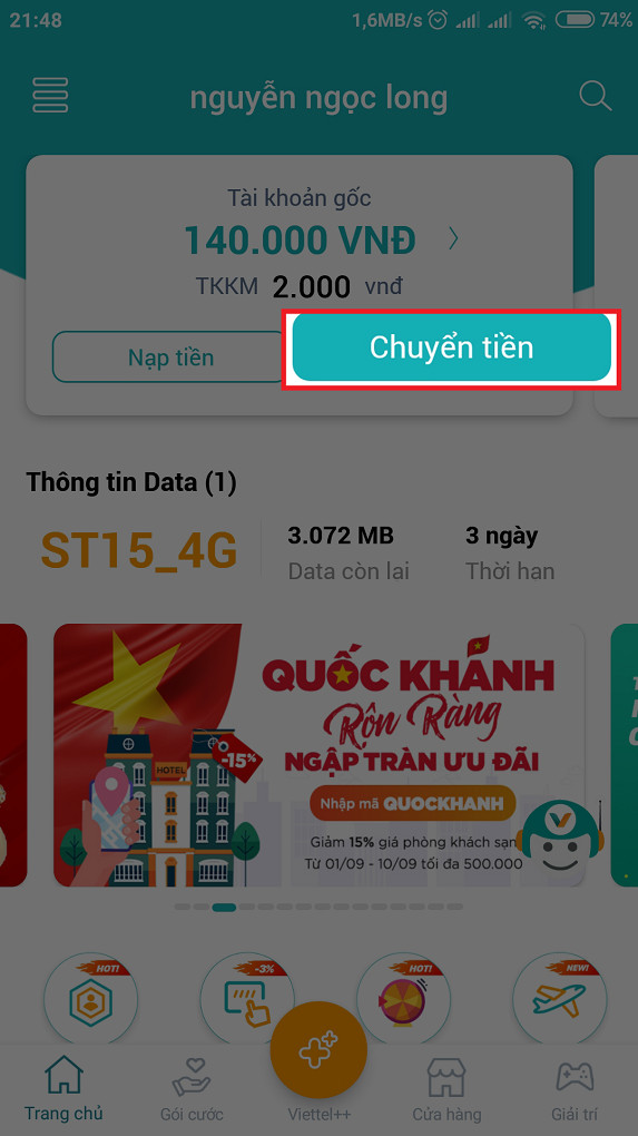 Nhấn vào phần Chuyển tiền