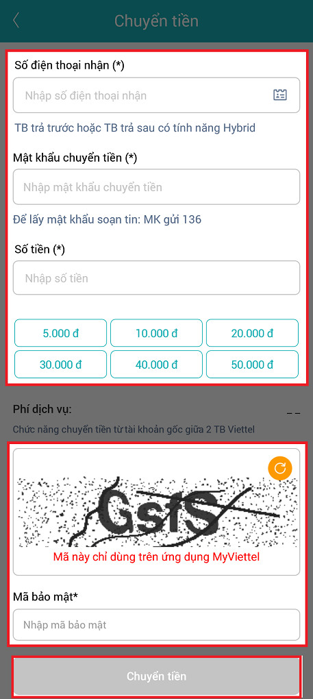 Nhập các thông tin để thực hiện chuyển tiền