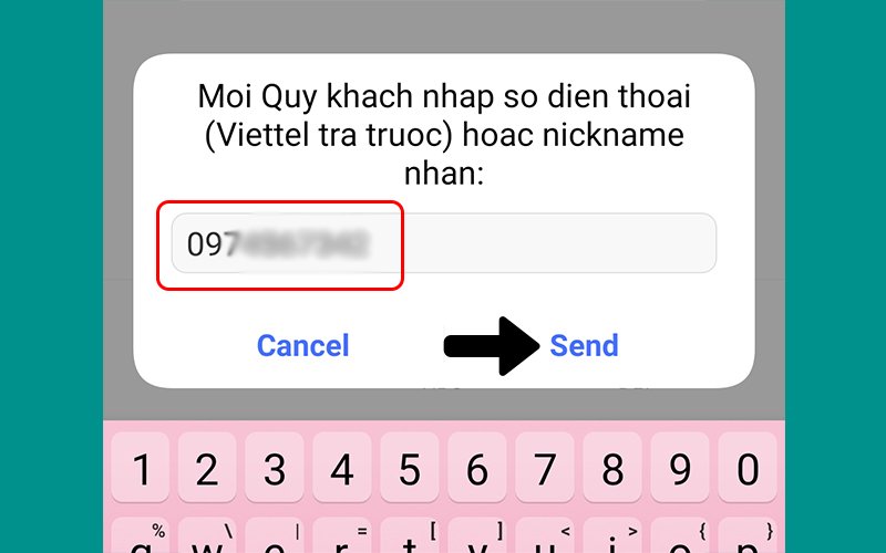 Nhập số điện thoại nhận tiền và Gửi/Send