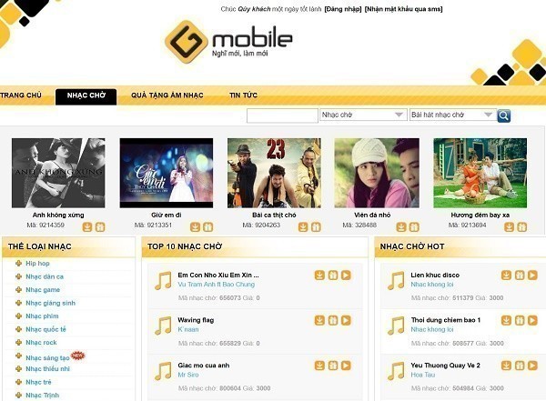 Cài nhạc chờ Gmobile qua website