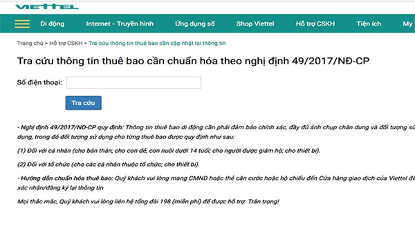 Kiểm tra thông tin sim điện thoại Viettel qua Website