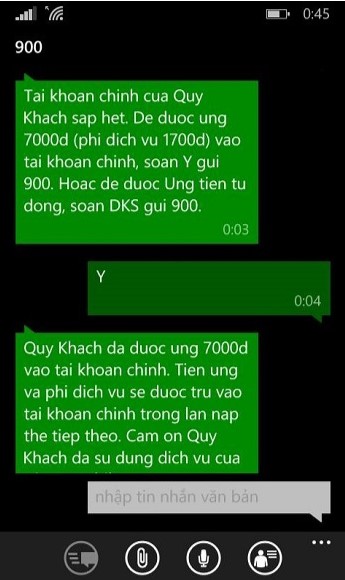 Ứng tiền sim Vietnamobile qua tổng đài 900