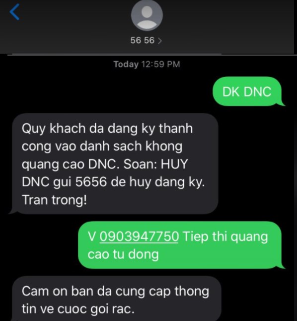 Hủy đăng ký chặn tin nhắn rác DNC