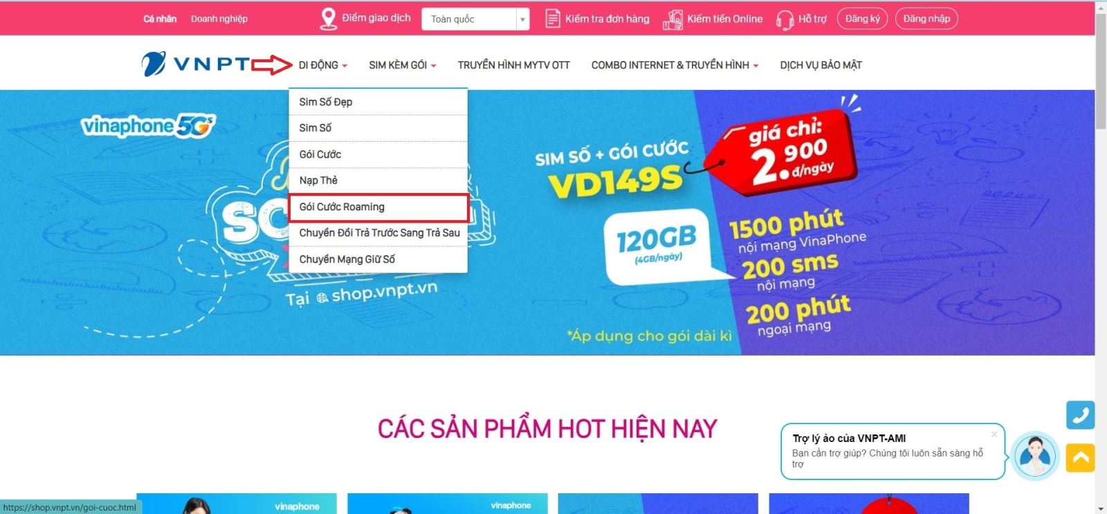 Chọn vào mục “Gói cước Roaming