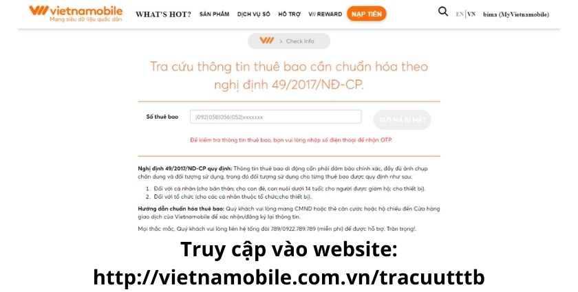 Kiểm tra thông tin sim điện thoại Vietnamobile trên Website