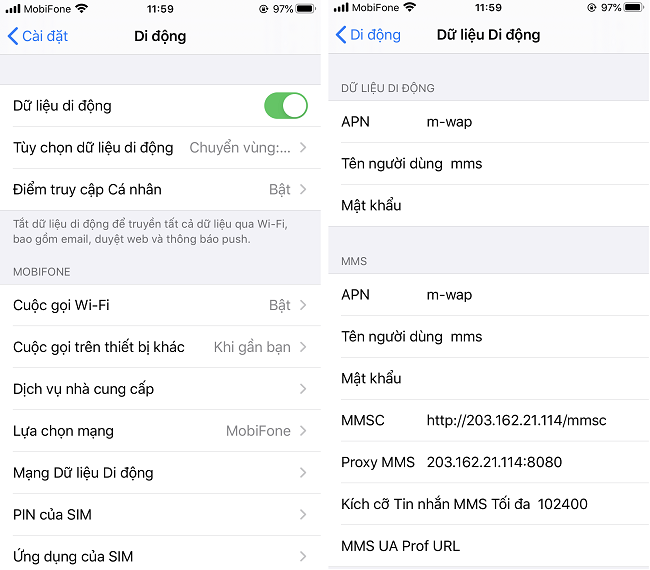 Thiết lập apn sim mobifone trên iphone